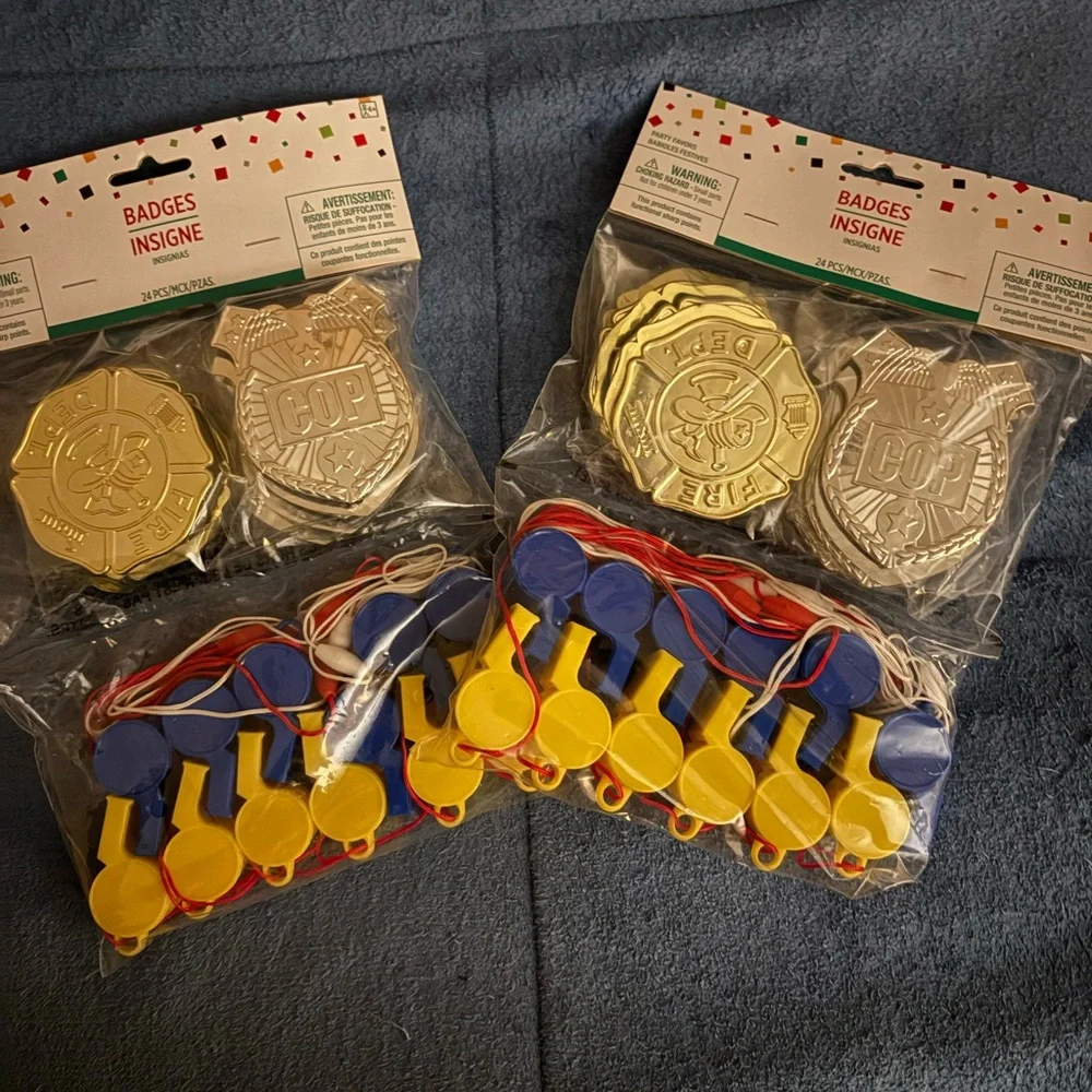 Party City Silver Badges and Blue Yellow Whistles Set